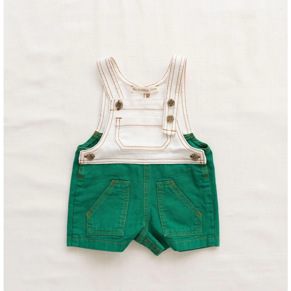 Fin & Vince Denim Short Overall Emerald Green Size 18/24 Months 100% Organic Cot